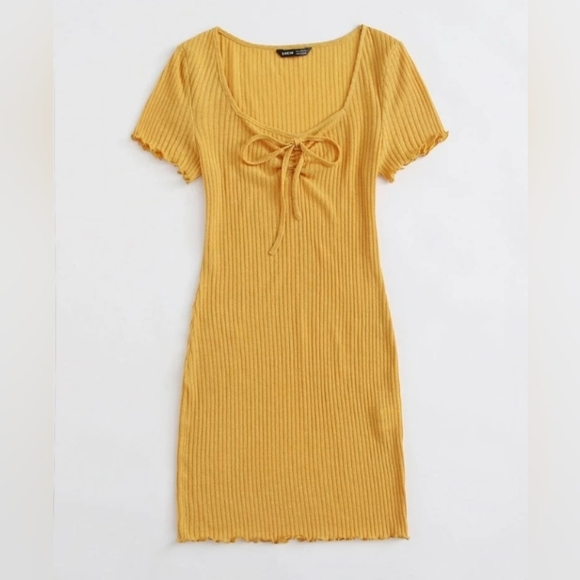SHEIN Dresses & Skirts - New Ruched Knot Front Lettuce Trim Rib-Knit Dress